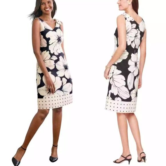 Talbots Floral Knee Length Sheath Dress Size 6 Black White Tank Lined Bow Detail - Picture 1 of 16